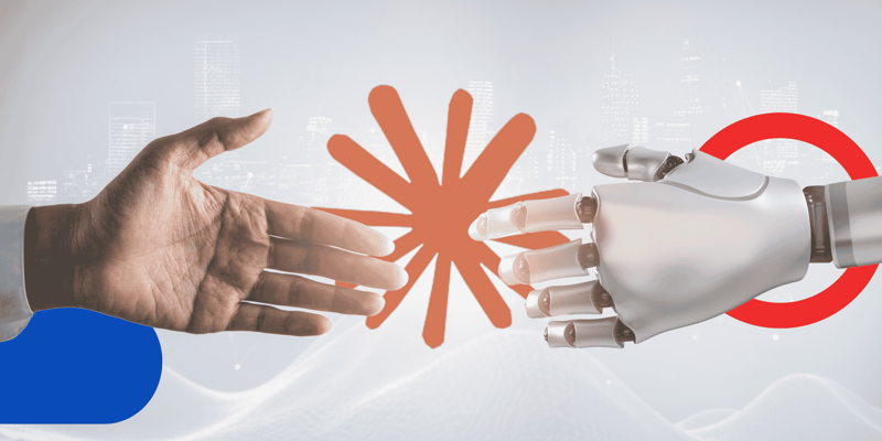 Una mano humana colaborando con una mano tecnologica. Al fondo el icoo de Claude AI y decoraciones de los colores azul y rojo de Bleads