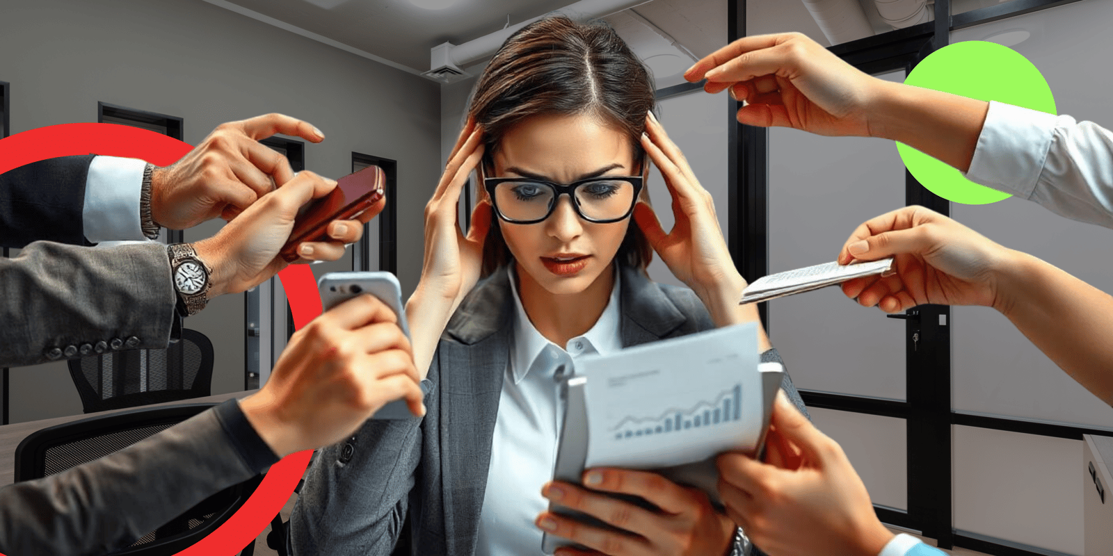 Mujer oficinista confundida por medios de comunicación en smartphone.