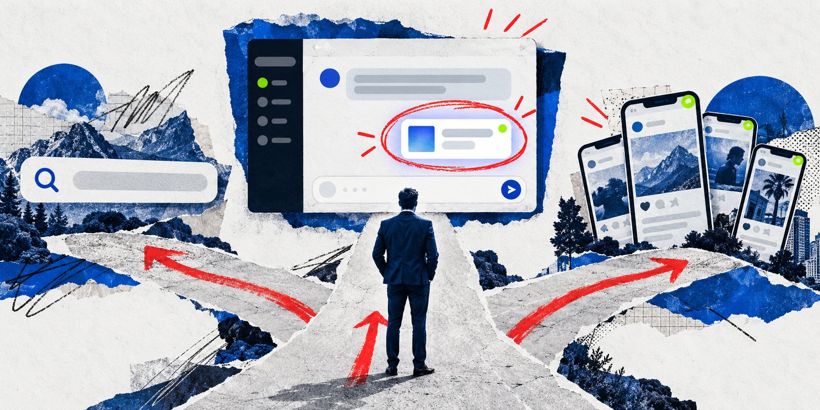 Profesional frente a tres caminos: buscador, redes sociales y un chat con anuncio patrocinado, ChatGPT Ads en Chile