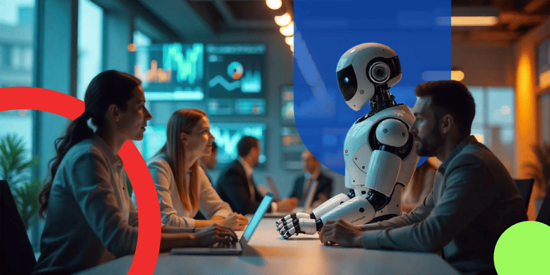 Reunión en una oficina moderna con un robot impulsado por IA, interactuando con tres personas. El ambiente es profesional, con pantallas que muestran gráficos y datos en el fondo. Las personas escuchan atentamente al robot.