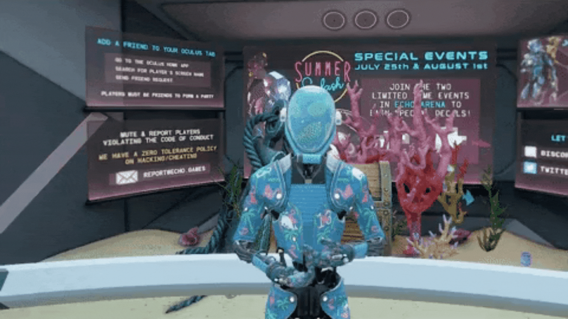 Robot con diseño futurista impulsado por inteligencia artificial que esta saludando. Su casco refleja un holograma con un rostro. Se encuentra en un entorno virtual con una ambientación submarina, incluyendo corales y luces neón.