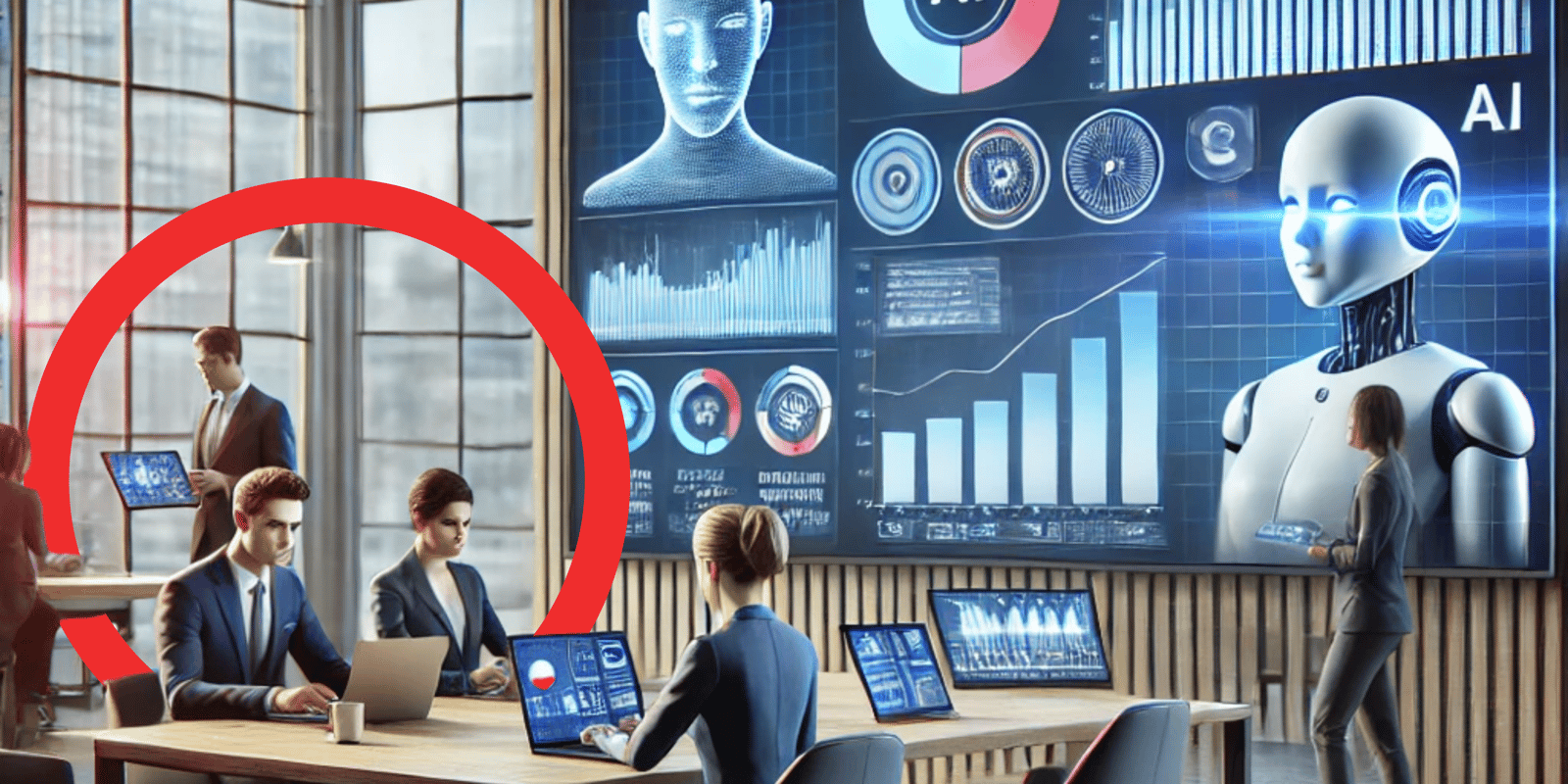 Un equipo de marketing y ventas utilizando IA para mejorar sus resultados. En el fondo se ve un dashboard que muestra los resultados comerciales del equipo.