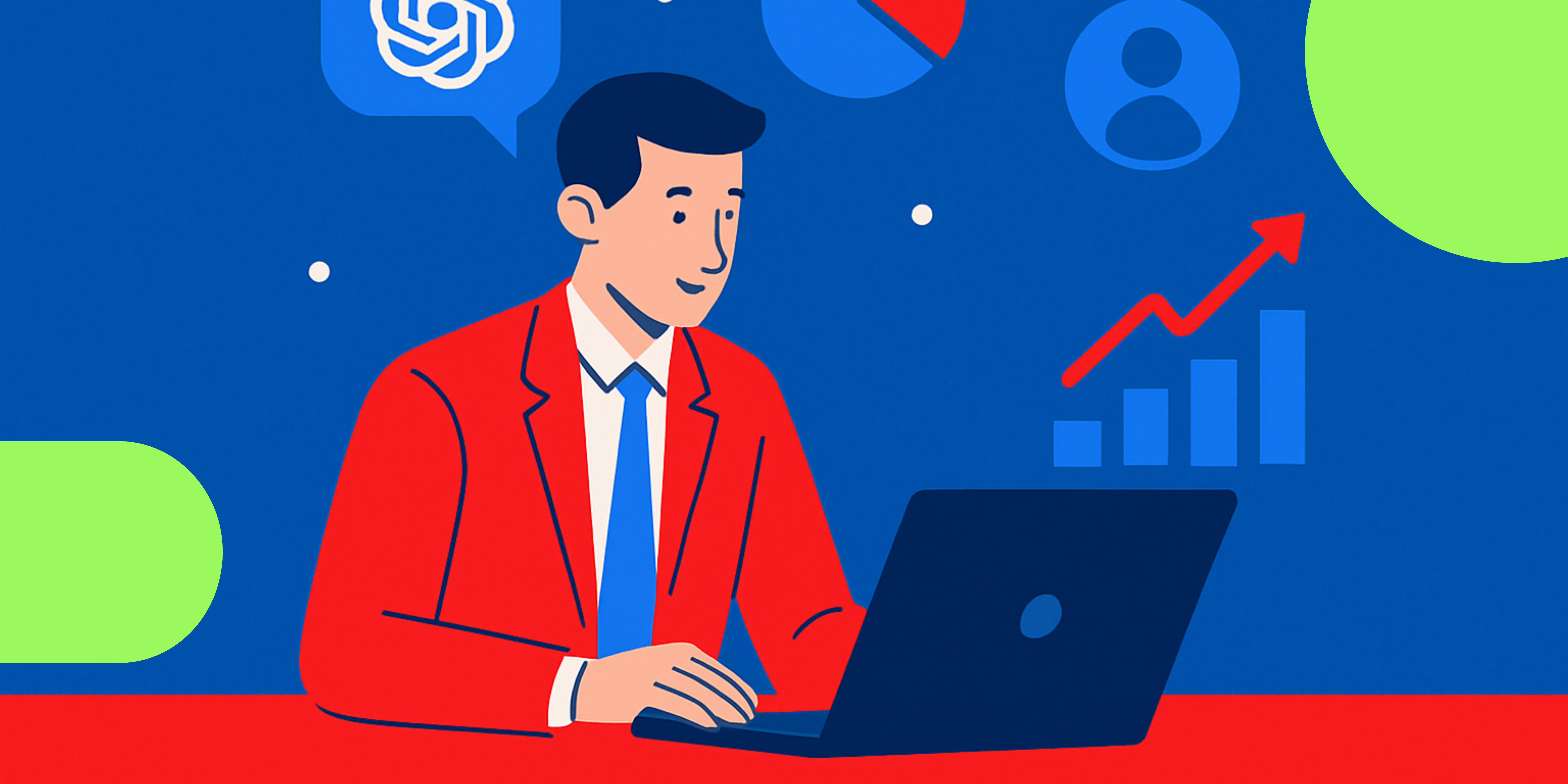Ilustración de un ejecutivo de ventas B2B usando inteligencia artificial (ChatGPT) en su laptop para preparar reuniones, analizar competencia y optimizar cierres de ventas. Fondo azul vibrante con íconos de crecimiento y tendencias.